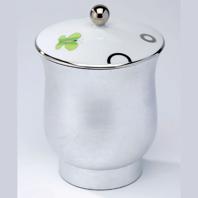 THG CAPUCINE VERT DECOR PLATINE Китайская лакированная коробка с белой керамической крышкой &Oslash;126 мм., middle size, декор платина/зеленый, цвет: белый