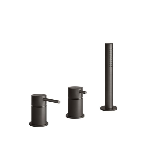 Gessi 316 Смеситель для ванны на 3 отверстия наполнение через слив-перелив с переключателем, убирающаяся душевая лейка, brushed black metal pvd