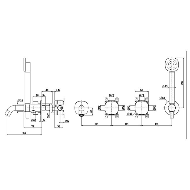 QuadroDesign Super Группа смесителей из стены на два потребителя с ручным душем, держателем, выпуском, шлангом 1500 мм, цвет Brushed Stainless
