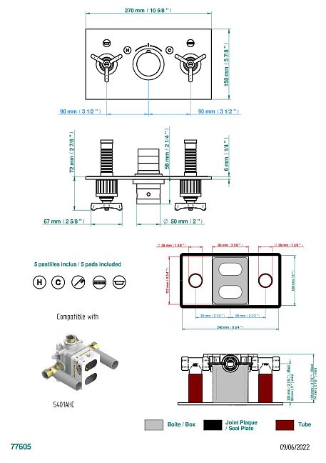 Накладка  THG Hamptons с ручкой регулировки температуры и двумя маховиками для термостатического смесителя с горизонтальной установкой