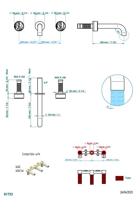 Внешняя часть смесителя THG Yoko Ice встраиваемого в стену для ванны на три отверстия с изливом ГОЛИАФ