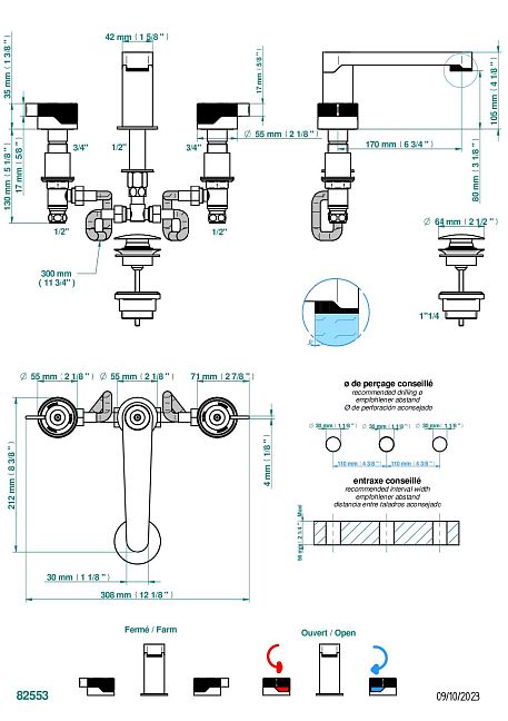 Смеситель для раковины THG Zoom.7 на три отверстия устанавливаемый на борту с донным клапаном