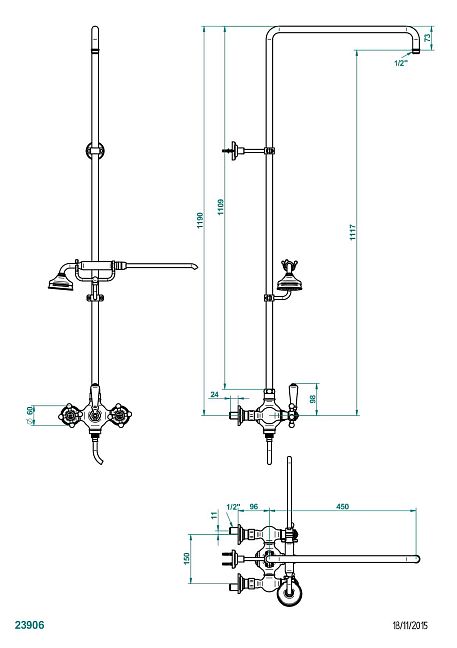 Смеситель THG Charleston для душа встраиваемый в стену / переключатель / открытая душевая колонна / душ "телефон", шланг и настенные рожки для лейки - межцентровое расстояние 150 мм. (без верхней лейки)