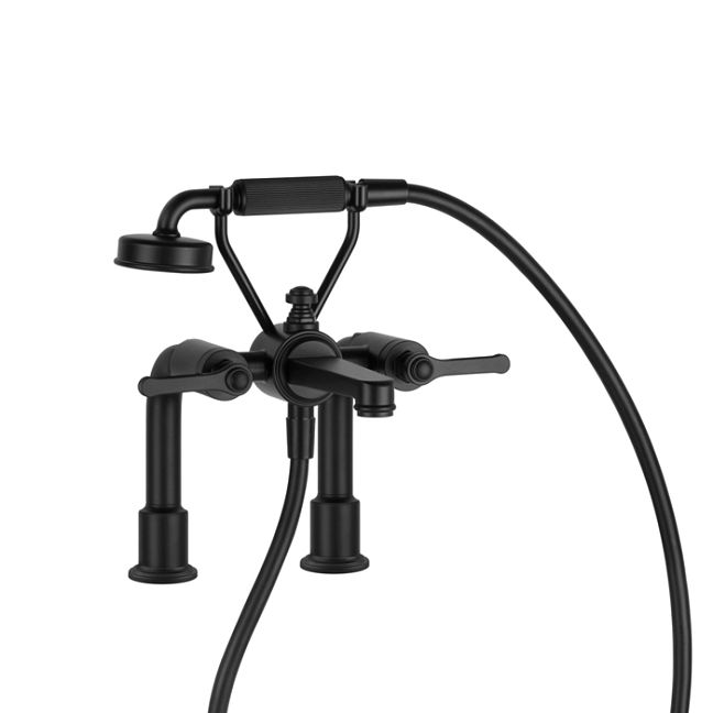 Gessi Venti20 Смеситель для установки на борт ванны на 2 отверстия, двухвентильный, с ручным душем и шлангом 1500 мм., черный матовый