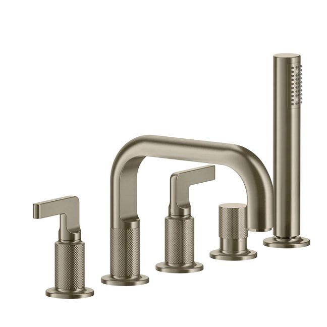 Gessi Inciso Смеситель для ванны на 5 отверстий с изливом, переключателем, ручным душем и шлангом 1,50 м, finox