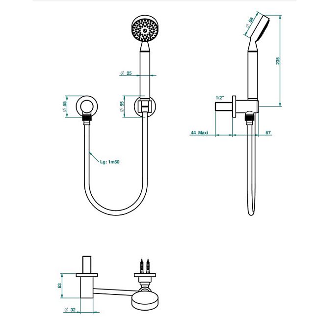 THG Paradise Душевой комплект с ручным душем, шланг 1500 мм., держатель и подвод воды, цвет: хром