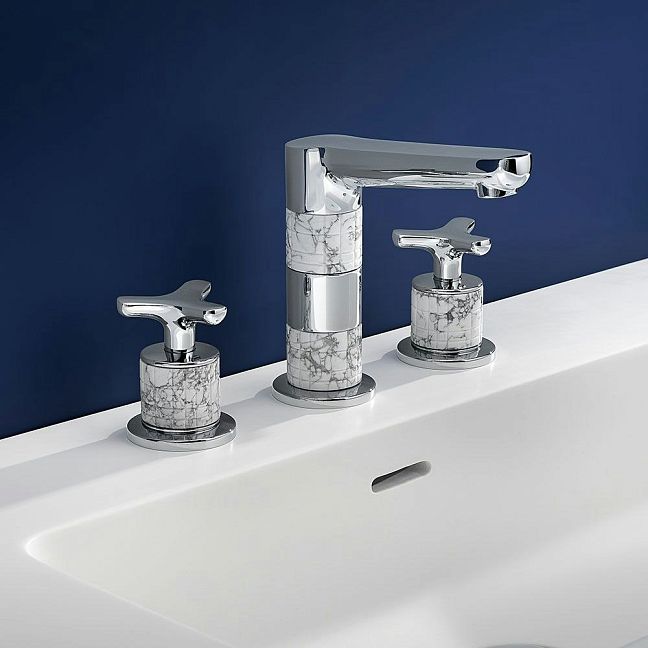 Смеситель THG System Howlite для раковины на три отверстия устанавливаемый на борту с донным клапаном - высокий излив