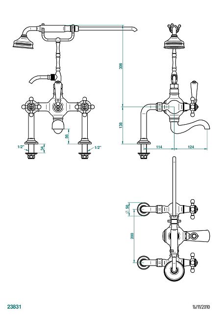 Смеситель THG Charleston "телефон" для ванны/душа устанавливаемый на борту / переключатель - 200 между центрами