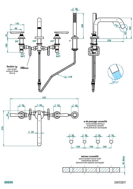 Смеситель для ванны THG Dean на 4 отв. с низким изливом СУПЕР ГОЛИАФ