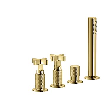 Gessi Inciso Смеситель для ванны на 4 отверстия для наполнения через слив-перелив, переключатель, с ручным душем, золото