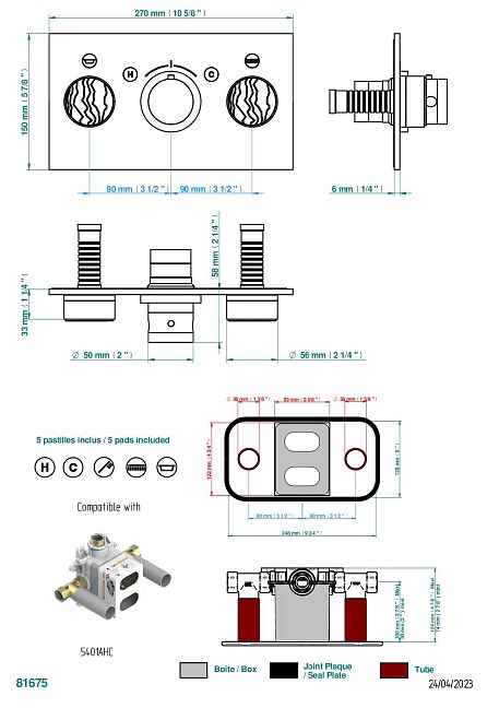 Накладка с ручкой регулировки температуры THG Yoko Ice и двумя маховиками для термостатического смесителя с горизонтальной установкой