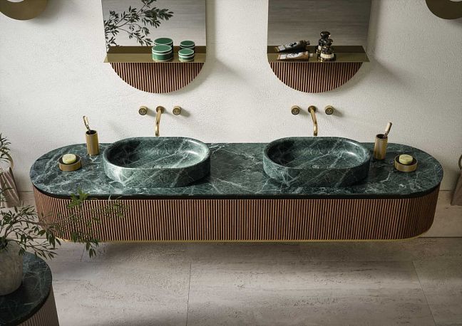 Комплект мебели Oasis Naos, подвесной, мраморная раковина и столешница verde alp, тумба орех рифлёный, смеситель и аксессуары: золото матовое