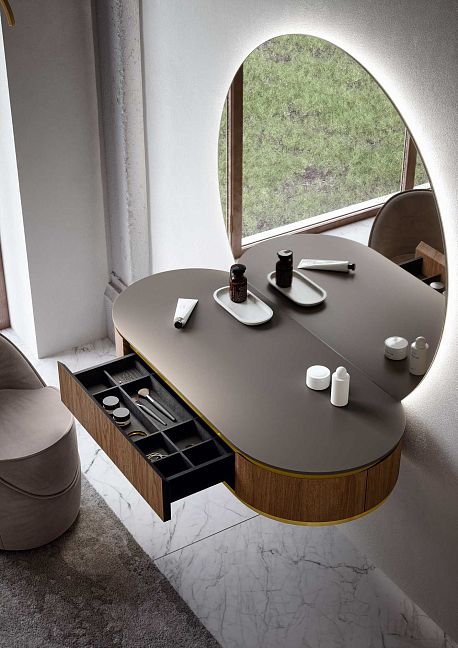 Комплект мебели Oasis Naos, подвесной, столешницаПокрытие Purefeel "London Grey", Отделка: Текстура натурального ореха / Сатиновое золото 