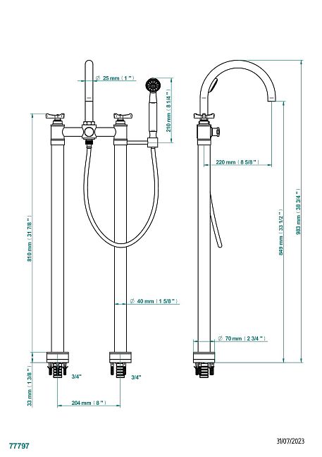 Смеситель для ванны THG Hamptons, напольный, с душем  подключение вертикальное
