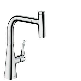 Смеситель для кухни Hansgrohe Metris Select M71 на 1 отв, поворотный излив 22.2см с вытяжным душем, 1jet, h23.8см, sBox, кнопка вкл/выкл, цвет: хром купить в Москве: интернет-магазин StudioArdo