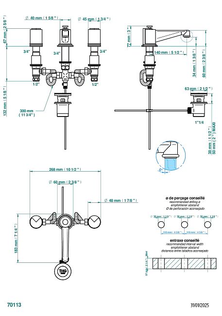 Смеситель для раковины THG Le 9 Howlite на три отверстия устанавливаемый на борту с донным клапаном