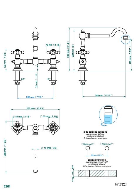 Смеситель THG Charleston для кухонной мойки на два отверстия - 200 мм между центрами