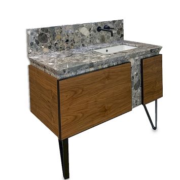 Комплект мебели Mia Italia Tango 120х54см на ножках, цвет Walnut (орех), со столешницей из мрамора Breccia Alba с керамической раковиной.