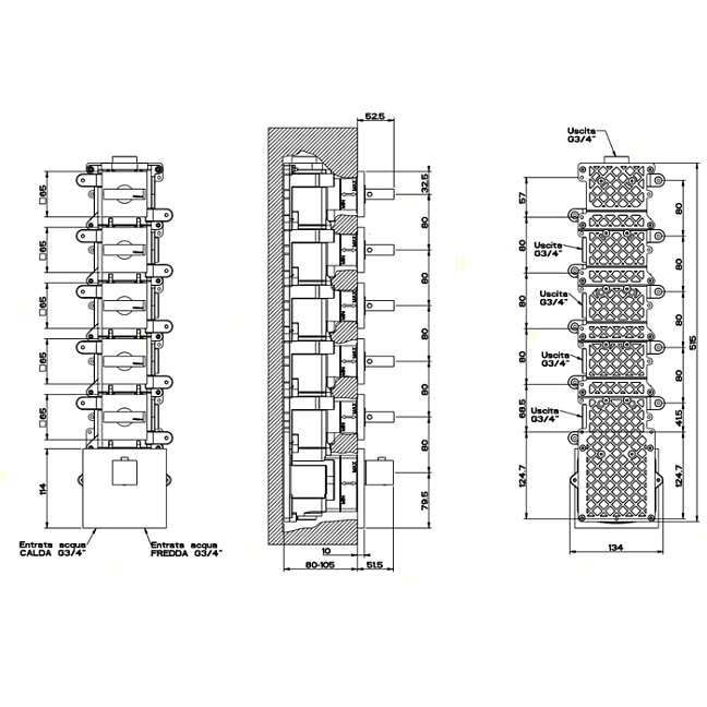 Gessi Rettangolo Встраиваемый термостат, подключение на 3/4, с 5ю независимыми выходами(внешние части), хром