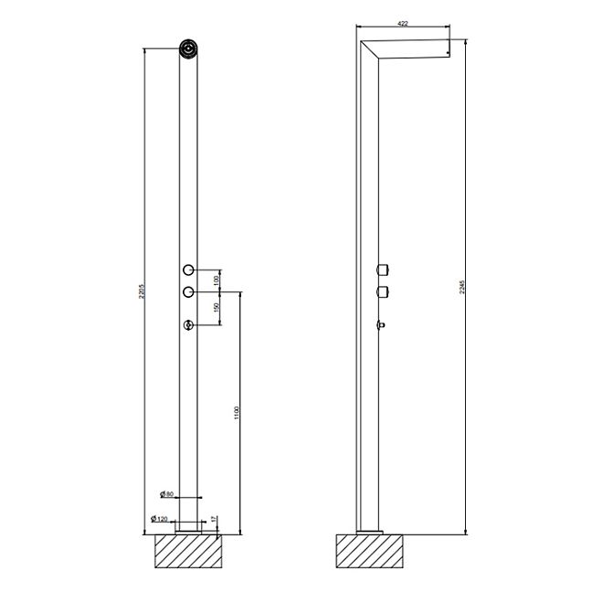 Gessi Outdoor Душевая стойка для установки на улице, напольная, на 2 выхода, без ручек, ручного душа и верхнего душа, внешняя часть, цв Steel Brushed