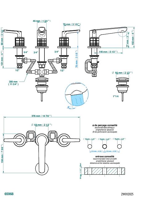 Смеситель THG System Cristal a manettes для раковины на три отверстия устанавливаемый на борту с донным клапаном