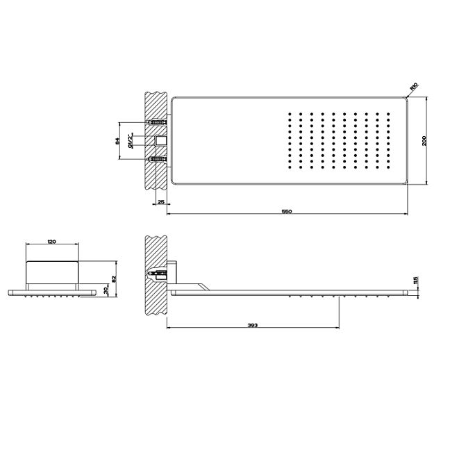 Gessi Верхний душ 550х200 мм., для настенного крепления, Steel Brushed