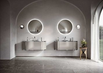 Комплект мебели Oasis Naos, подвесной, столешница: Стеклянная поверхность "Grigio Elegance",  Отделка: Глянцевый лакированный цвет "Grigio Elegance" (Серый Элеганс) / Хром