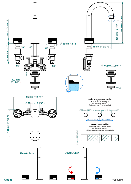 Смеситель для раковины  THG Zoom.5 на три отверстия устанавливаемый на борту с донным клапаном - высокий излив