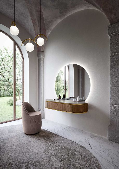 Комплект мебели Oasis Naos, подвесной, столешницаПокрытие Purefeel "London Grey", Отделка: Текстура натурального ореха / Сатиновое золото 