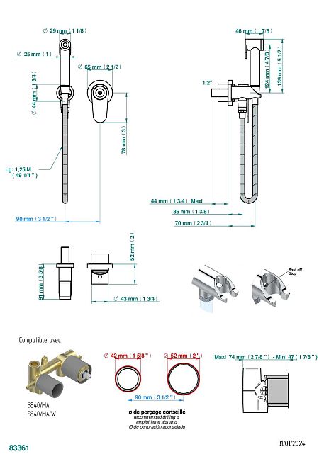 Комплект для душа THG Zoom.5, включающий смеситель, армированный шланг 1 м 25 см, ручной душ с курковым распылителем, выход из стены и предохранительный запорный клапан