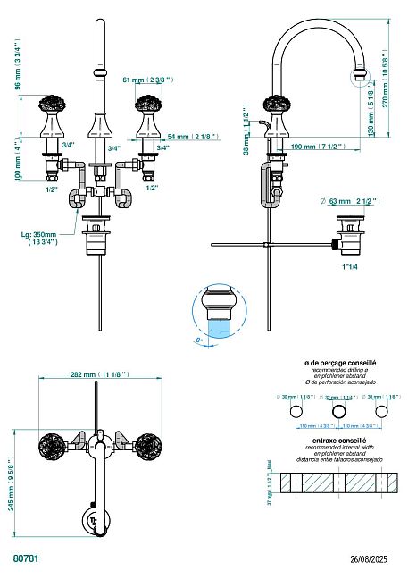 Смеситель для раковины  THG Camelia Clear crystal на три отверстия устанавливаемый на борту с донным клапаном