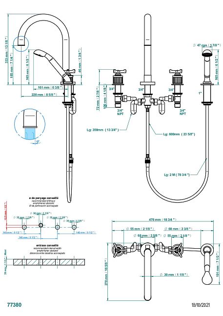 Смеситель для ванны  THG Hamptons на 4 отв. с высоким изливом СУПЕР ГОЛИАФ