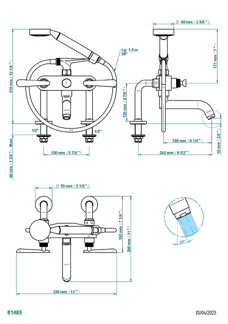 Смеситель THG Dean для ванны/душа устанавливаемый на борту на два отверстия с душем и шлангом - 150 мм между центрами