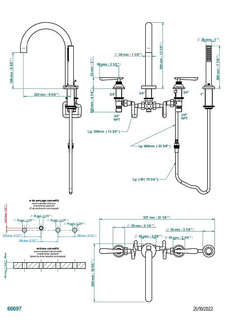 Смеситель для ванны THG Dean на 4 отв. с высоким изливом СУПЕР ГОЛИАФ