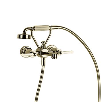 Gessi Venti20 Смеситель для ванны настенный, двухвентильный, с ручным душем и шлангом 1500 мм., Brass PVD