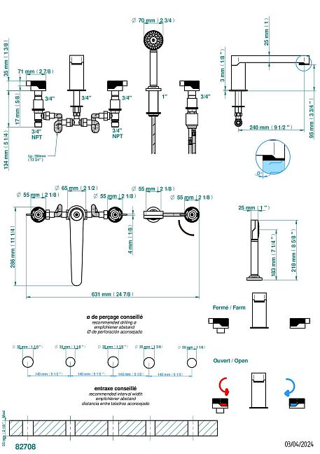 Смеситель THG Zoom.7 на борт ванны на 5 отверстий с душем, керамическим смесителем, 2 вентилями ¾" и изливом СУПЕР ГОЛИАФ