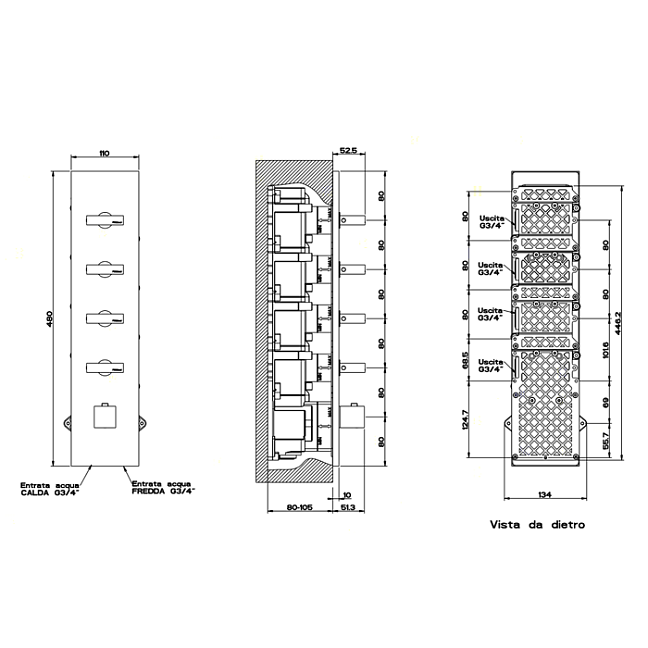 Gessi Rettangolo Встраиваемый термостат, подключение на 3/4, с 4мя независимыми выходами(внешние части), хром