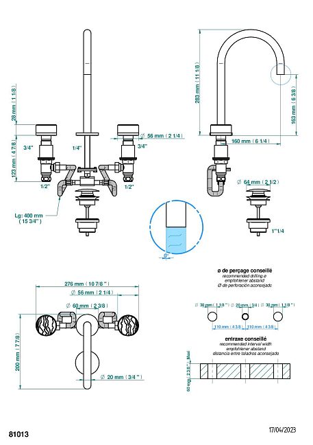 Смеситель для раковины THG Yoko Ice на три отверстия устанавливаемый на борту с донным клапаном