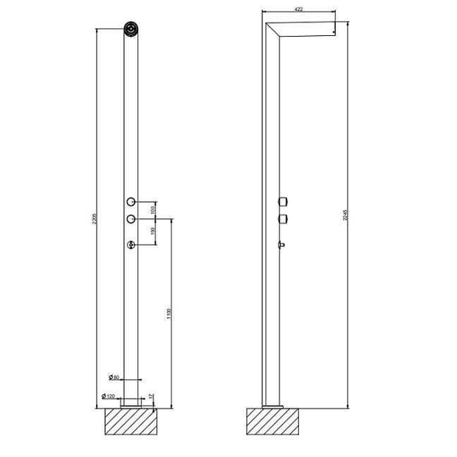 Gessi Outdoor Душевая стойка для установки на улице, напольная, на 2 выхода, без ручек, ручного душа и верхнего душа, внешняя часть, Black XL