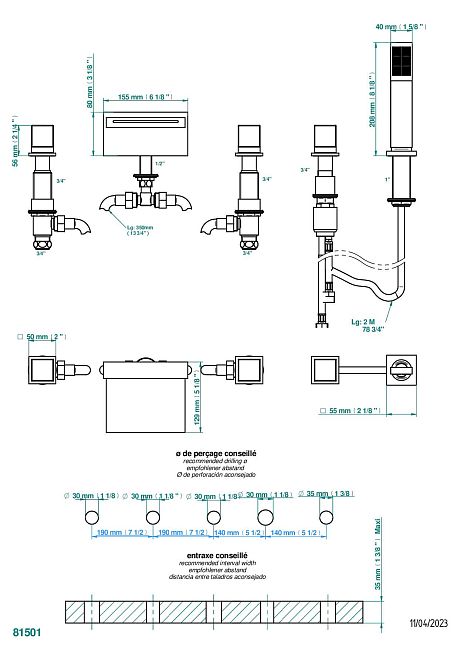 Смеситель THG Soho на борт ванны + ручной душ с прогрессивным смесителем