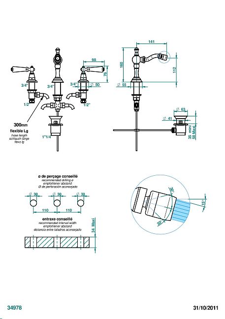 Комплект для биде THG 1900 a manettes на 3 отверстия с донным клапаном и краном на шаровом соединении