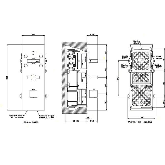 Gessi Rettangolo Встраиваемый термостат, подключение на 3/4, с 5ю выходами и селектором(внешние части), хром