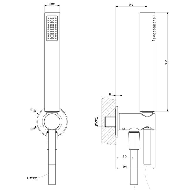 Gessi Inciso Душевой комплект, + вывод, держатель, шланг 1,50 м и душевая лейка, черный матовый
