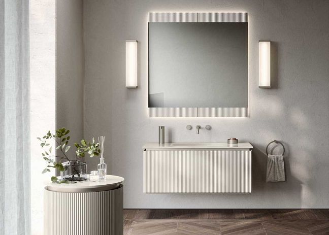Комплект мебели Oasis Naos, подвесной, столешница: Покрытие из стекла "Papiro", Отделка: Глянцевый лакированный цвет "Papiro" (Папирус) / Сатиновый никель