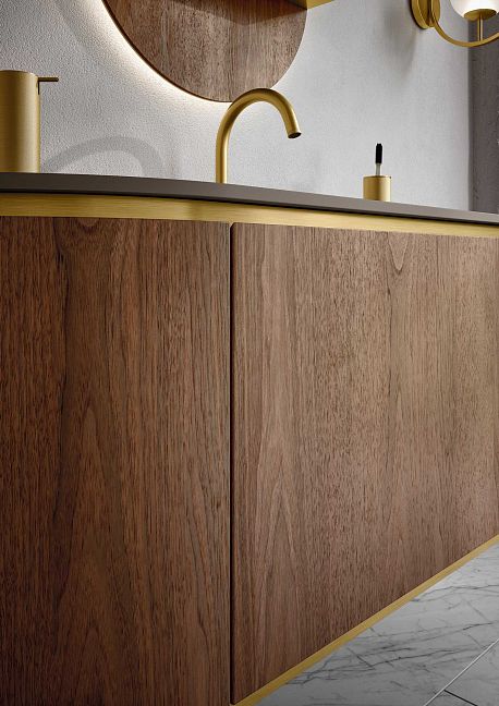 Комплект мебели Oasis Naos, подвесной, столешницаПокрытие Purefeel "London Grey", Отделка: Текстура натурального ореха / Сатиновое золото 