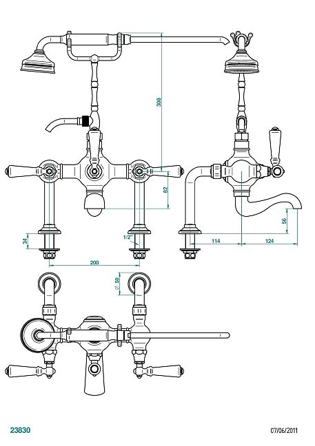 Смеситель THG 1900 a manettes "телефон" для ванны/душа устанавливаемый на борту / переключатель - 200 между центрами