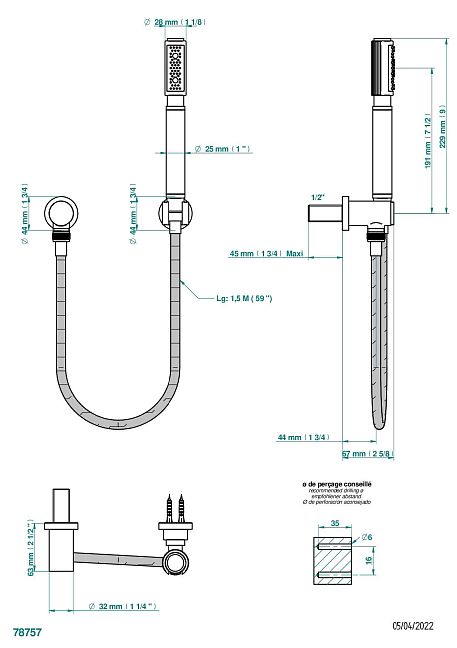 Душ ручной THG Estrela встраиваемый в стену, шланг, стационарный кронштейн и колено для душа