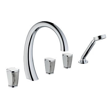 THG Infini white porcelain with platinum decor Смеситель на борт ванны на 5 отверстий, с прогрессивным смесителем для ручного душа, ручной душ, цвет: хром