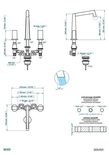 Смеситель THG Montaigne marbre Grand Antique для раковины на три отверстия устанавливаемый на борту с донным клапаном