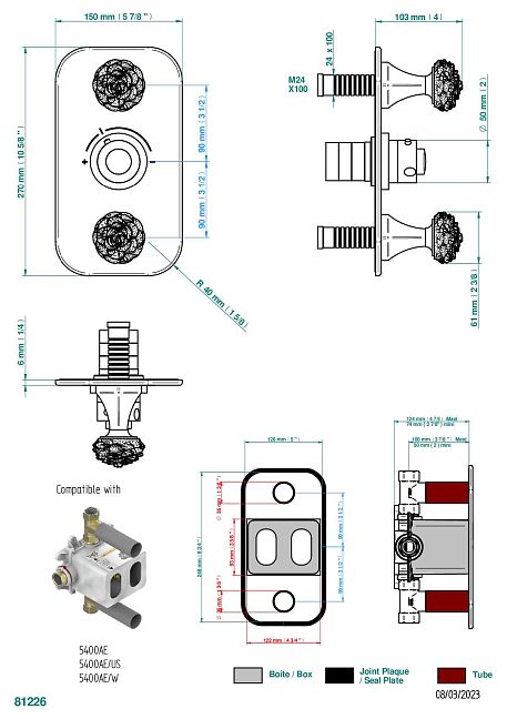 Термостат THG Camelia Black Crystal Накладка с ручкой регулировки температуры и двумя маховиками для термостатического смесителя 5400AE